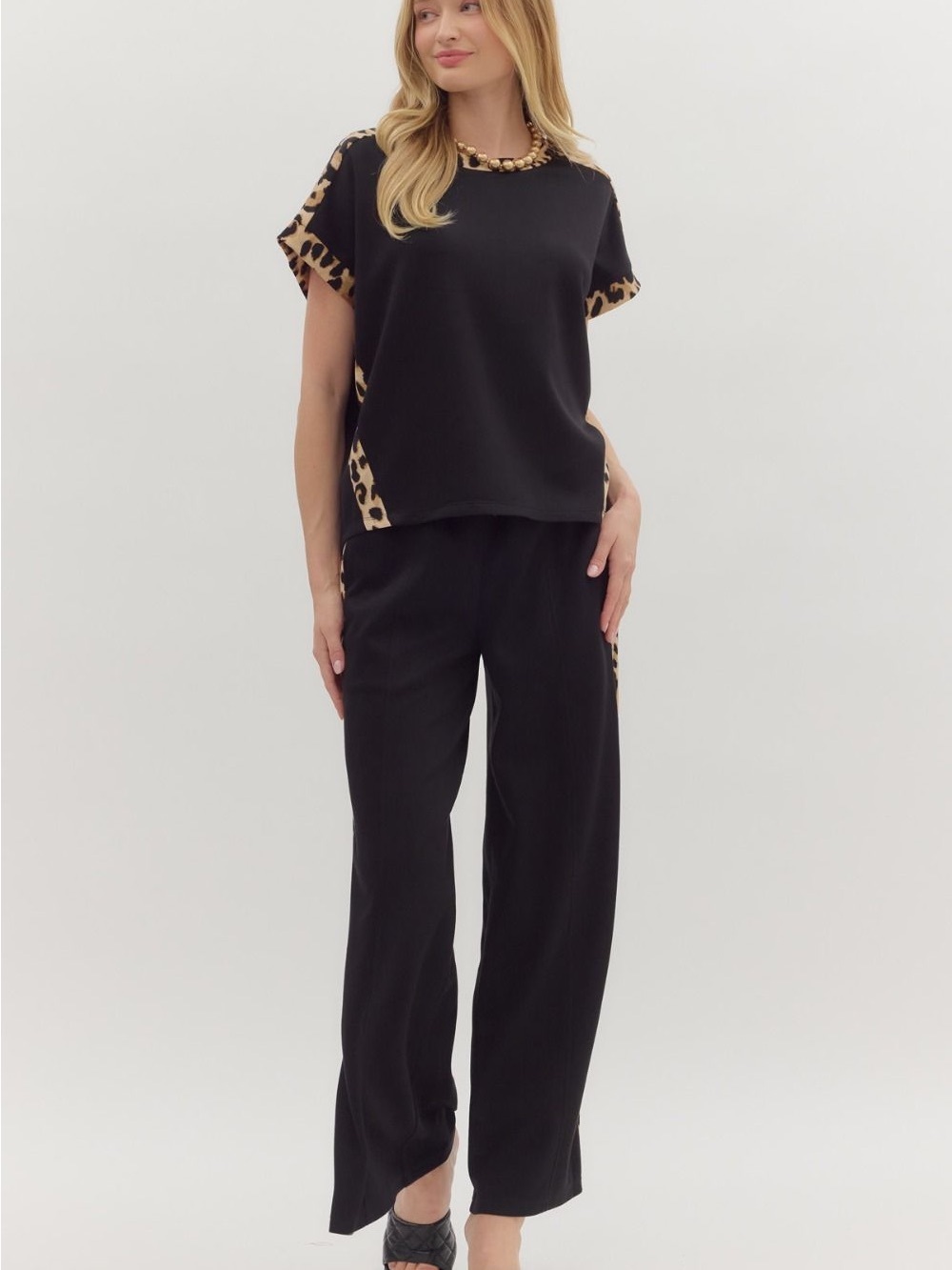 Entro Black Wide-Leg Track Pants with Leopard Trim